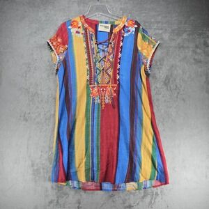 Savanna Jane Women's Boho Aztec Embroidered Lace Up Serape Stripe Dress Large